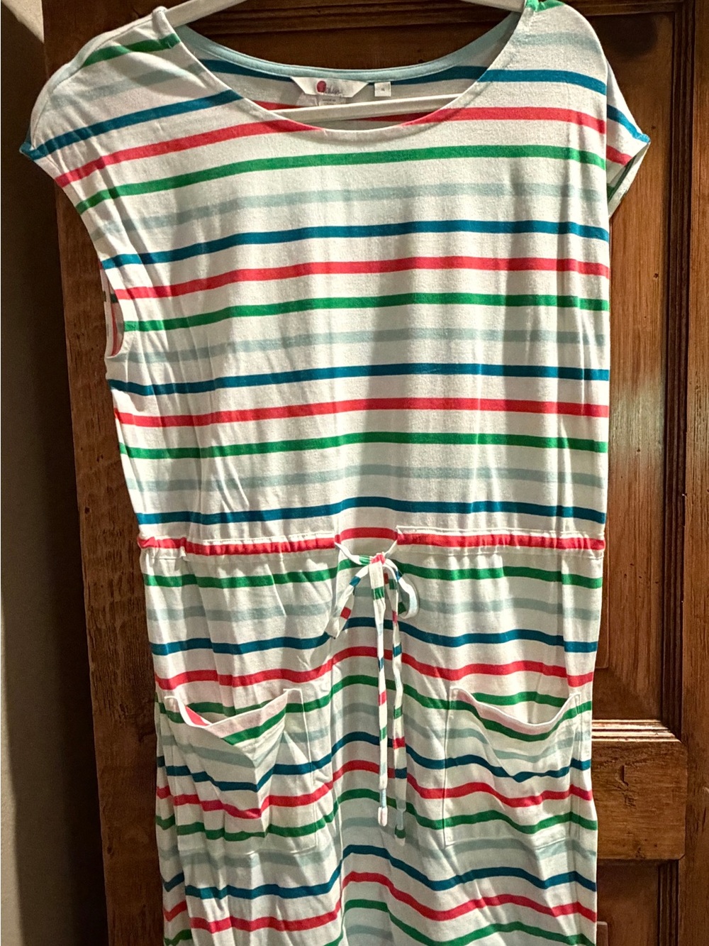 Boden White Mini Dress with Red, Green & Blue Stripes
